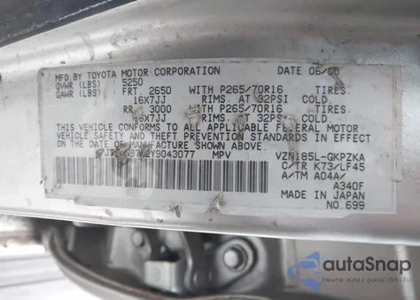 2000 Toyota 4Runner Limited V6 z USA, uszkodzony, nr VIN JT3HN87R2Y9043077